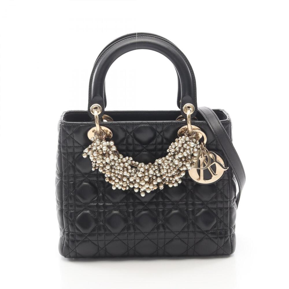 Christian Dior LADY Cannage Faux Pearl Handbag Leather Bag Black